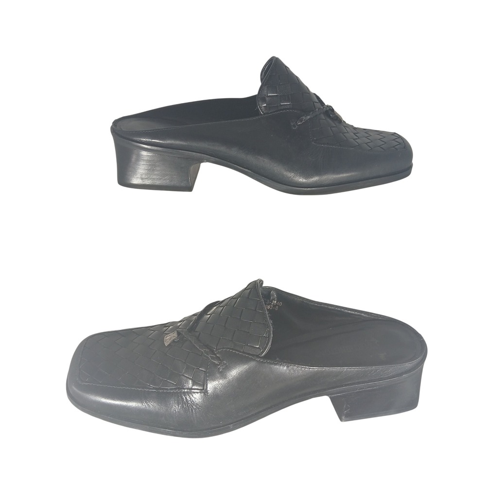 Worthington Ilene Black Leather Woven Mules Square Toe Block‎ Heel Womens 8.5 M